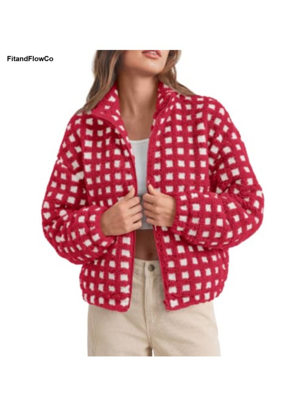 Cropped Sherpa Fleece Gingham Plaid Teddy Coat Zip Jacket